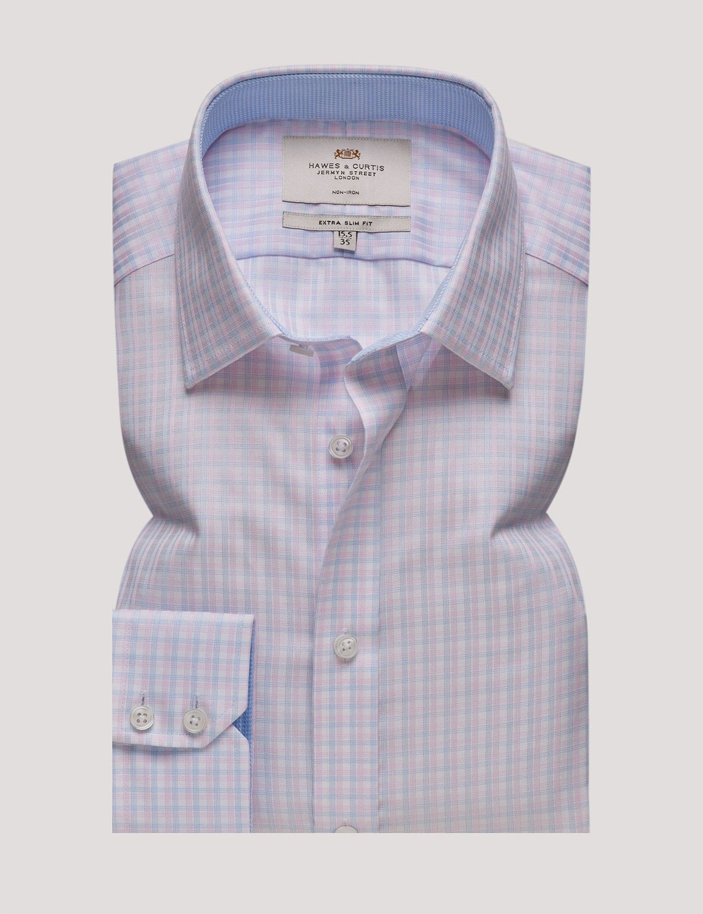 Extra Slim Fit Pink & Navy Plaid Non-Iron Shirt - Contrast Detail-preview