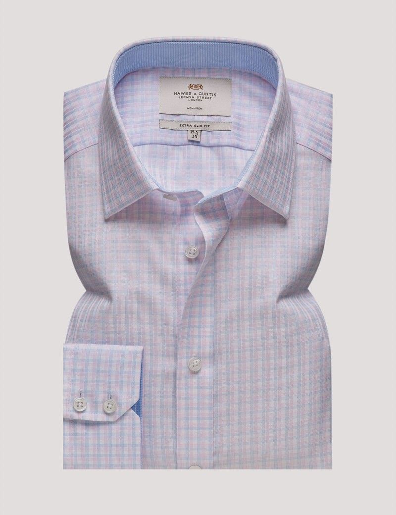 Extra Slim Fit Pink & Navy Plaid Non-Iron Shirt - Contrast Detail-preview