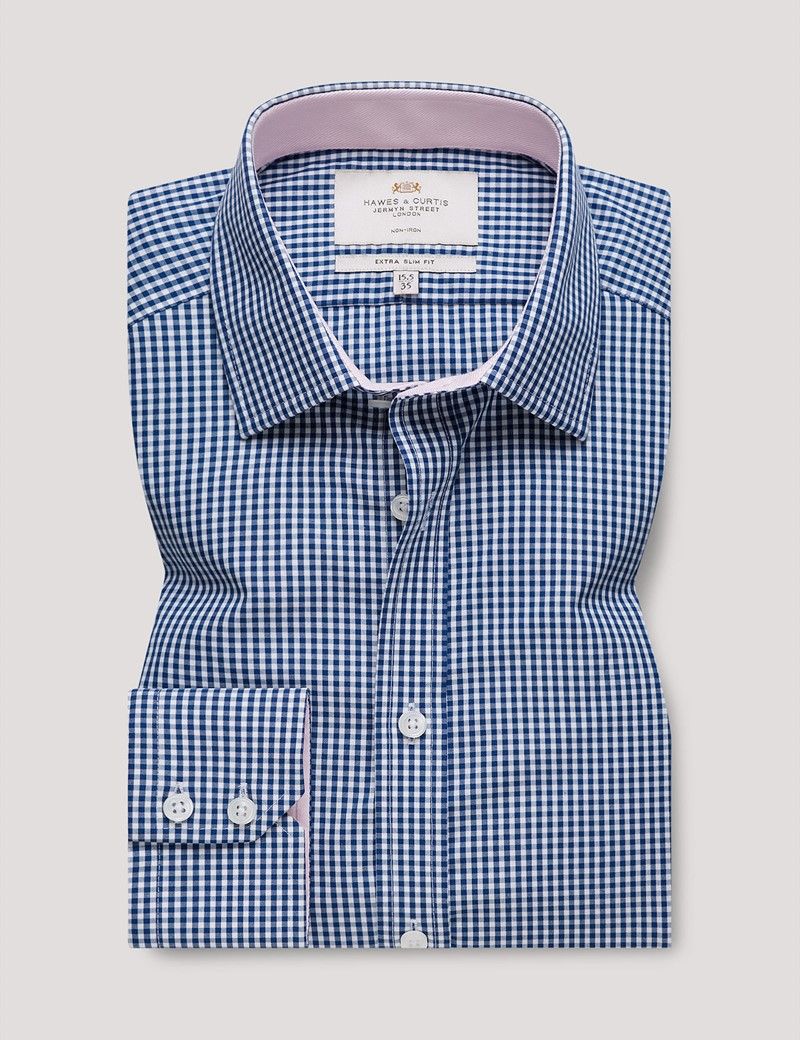 Extra Slim Fit White & Navy Gingham Plaid Shirt - Contrast Detail-preview