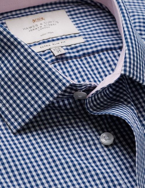 Extra Slim Fit White & Navy Gingham Plaid Shirt - Contrast Detail