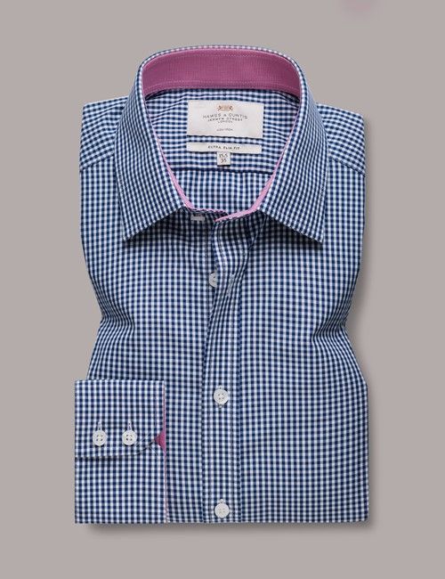 Non-Iron Navy & White Gingham Check Extra Slim Shirt - Contrast Detail-preview