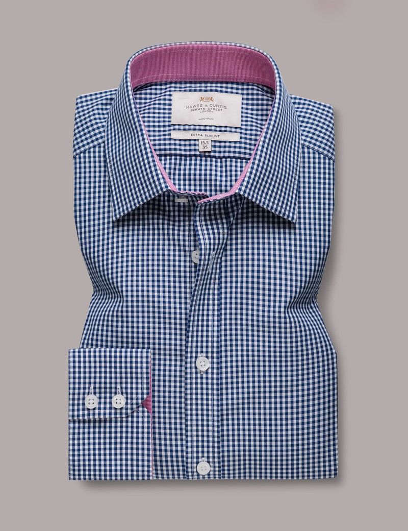 Extra Slim Fit Navy & White Gingham Plaid Non-Iron Shirt - Contrast Detail-preview