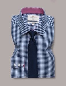 Extra Slim Fit Navy & White Gingham Check Non-Iron Shirt - Contrast Detail