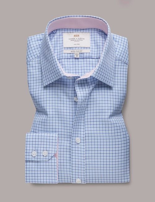 Non-Iron Blue & Navy Check Extra Slim Fit Shirt - Contrast Detail-preview