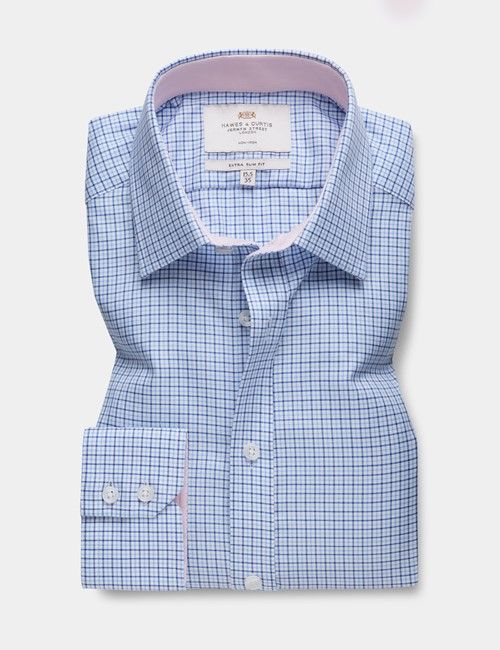 Extra Slim Fit Blue & Navy Plaid Non-Iron Shirt - Contrast Detail-preview