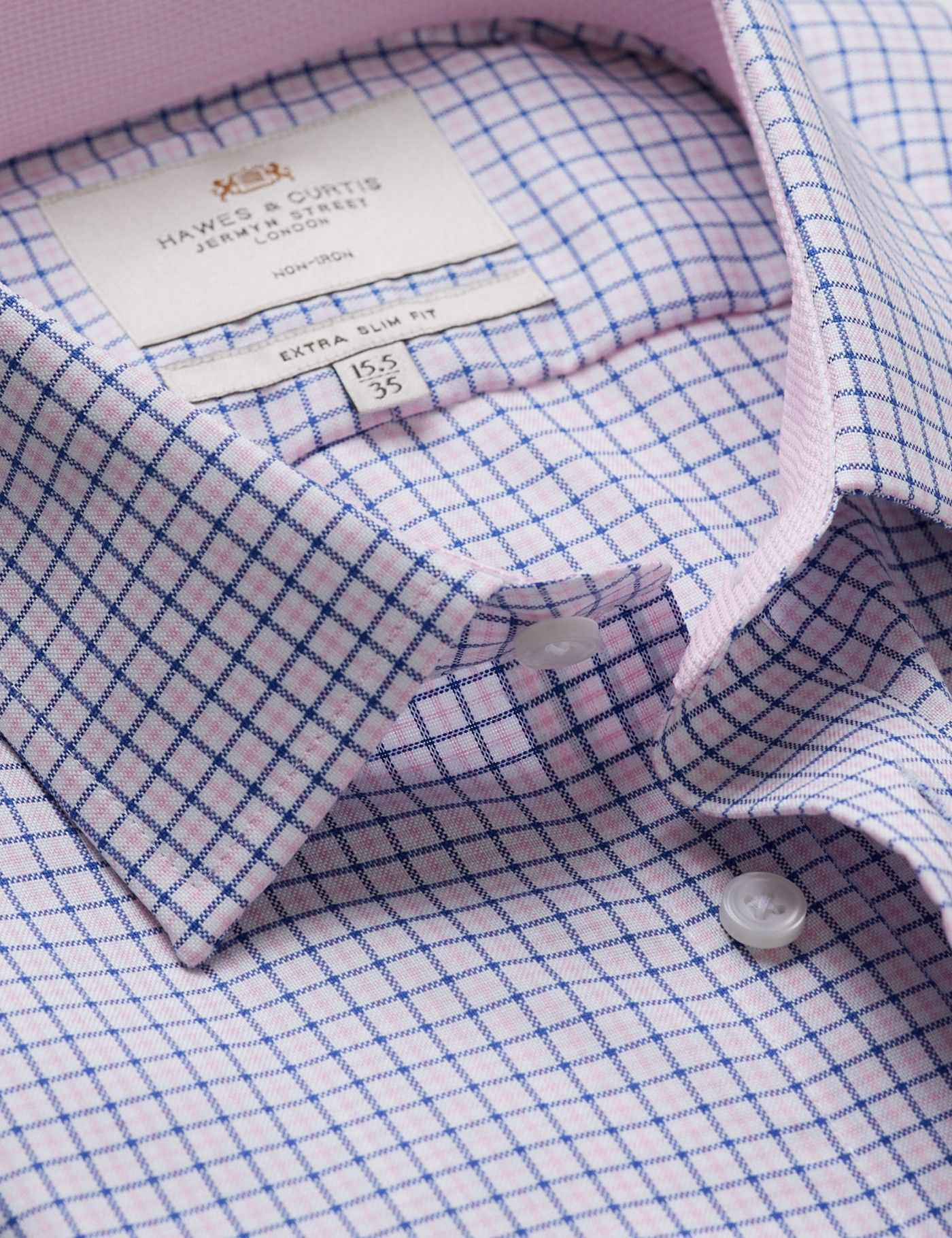 Extra Slim Fit Pink & Navy Plaid Non-Iron Shirt - Contrast Detail