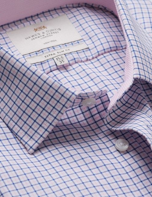 Non-Iron Pink & Navy Check Extra Slim Fit Shirt - Contrast Detail