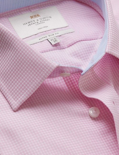 Non-Iron Pink & White Small Check Extra Slim Fit Shirt - Contrast Detail