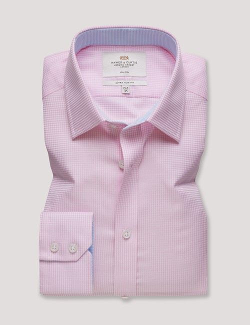 Non-Iron Pink & White Small Check Extra Slim Fit Shirt - Contrast Detail-preview