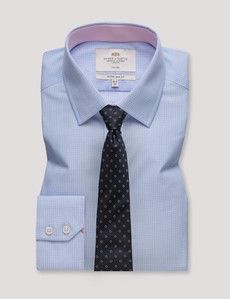 Extra Slim Fit Navy & Blue Small Check Non-Iron Shirt - Contrast Detail