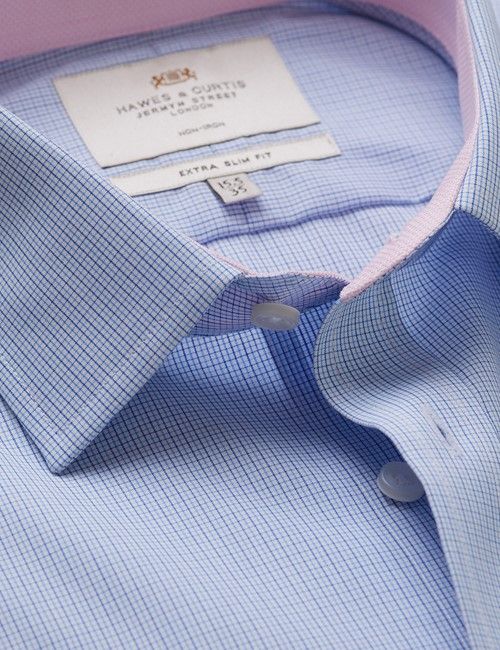 Non-Iron Navy & Blue Small Check Extra Slim Fit Shirt - Contrast Detail