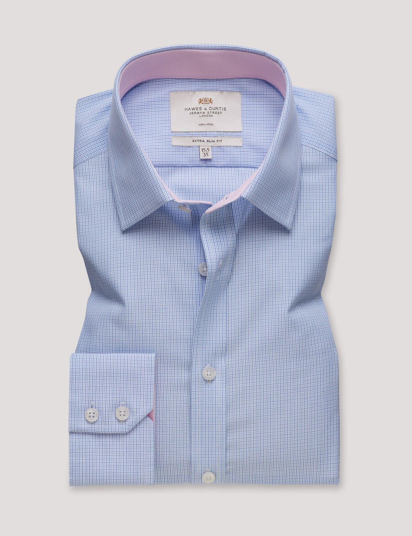 Extra Slim Fit Navy & Blue Small Check Non-Iron Shirt - Contrast Detail-preview