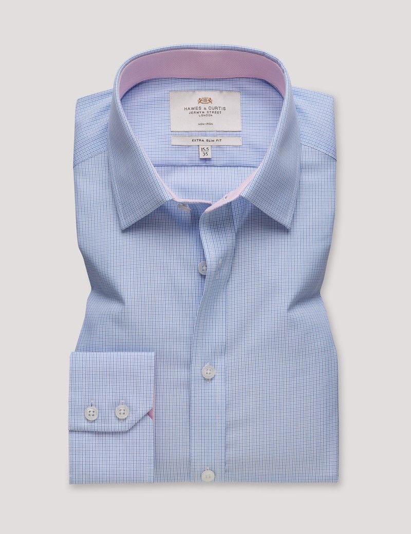 Extra Slim Fit Navy & Blue Small Check Non-Iron Shirt - Contrast Detail-preview