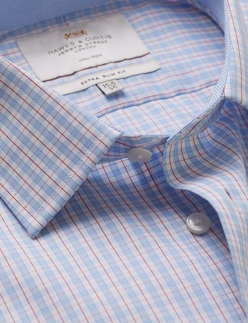 Extra Slim Fit Blue & Red Multi Check  Non-Iron Shirt - Contrast Detail