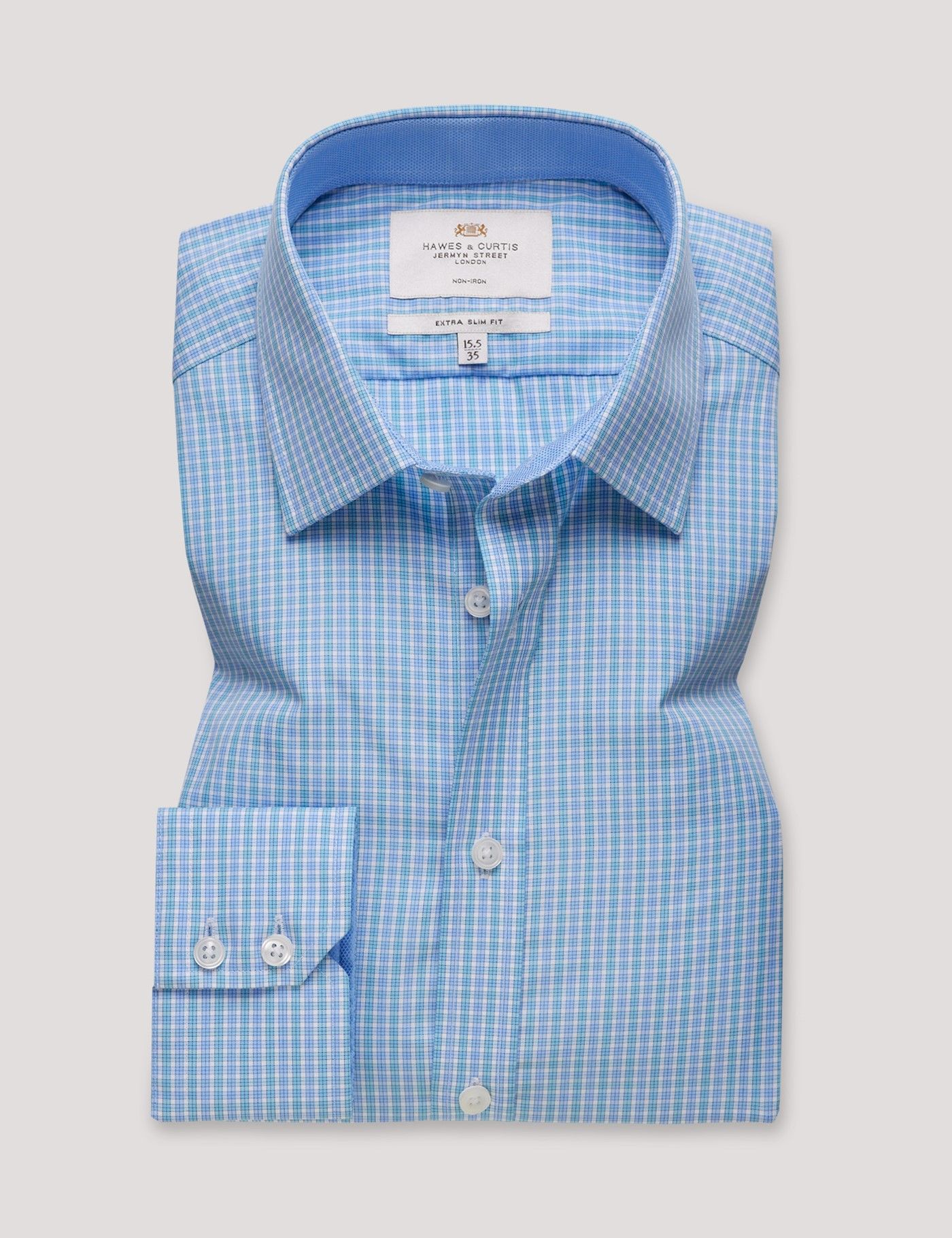 Extra Slim Fit Blue & Turquoise Check Non-Iron Shirt - Contrast Detail-preview