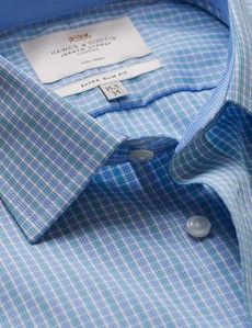 Extra Slim Fit Blue & Turquoise Check Non-Iron Shirt - Contrast Detail
