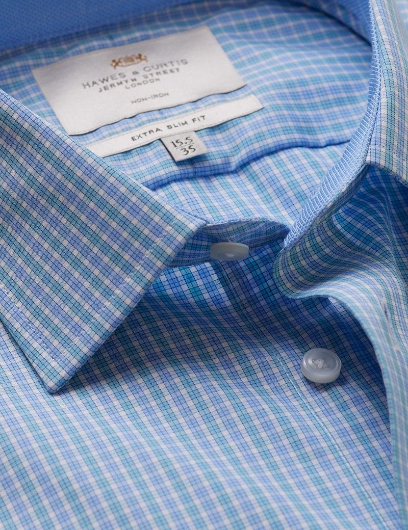 Extra Slim Fit Blue & Turquoise Check Non-Iron Shirt - Contrast Detail