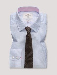 Extra Slim Fit Navy & Blue Check Non-Iron Shirt - Contrast Detail