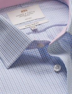 Extra Slim Fit Navy & Blue Check Non-Iron Shirt - Contrast Detail