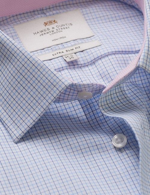 Non-Iron Navy & Blue Multi Check Extra Slim Fit Shirt - Contrast Detail