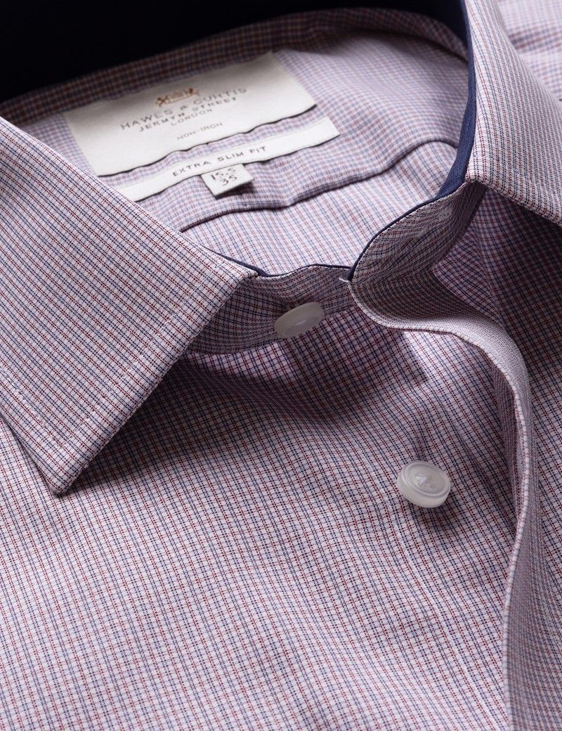 Extra Slim Fit Red & Navy Small Check Non-Iron Shirt - Contrast Detail
