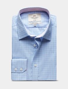 Extra Slim Fit Blue & White Check Non-Iron Shirt - Contrast Detail