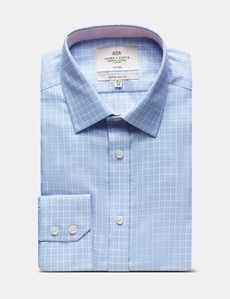 Extra Slim Fit Blue & White Check Non-Iron Shirt - Contrast Detail