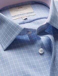Extra Slim Fit Blue & White Check Non-Iron Shirt - Contrast Detail