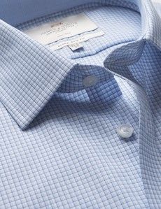 Extra Slim Fit Blue & Navy Check Non-Iron Shirt - Contrast Detail