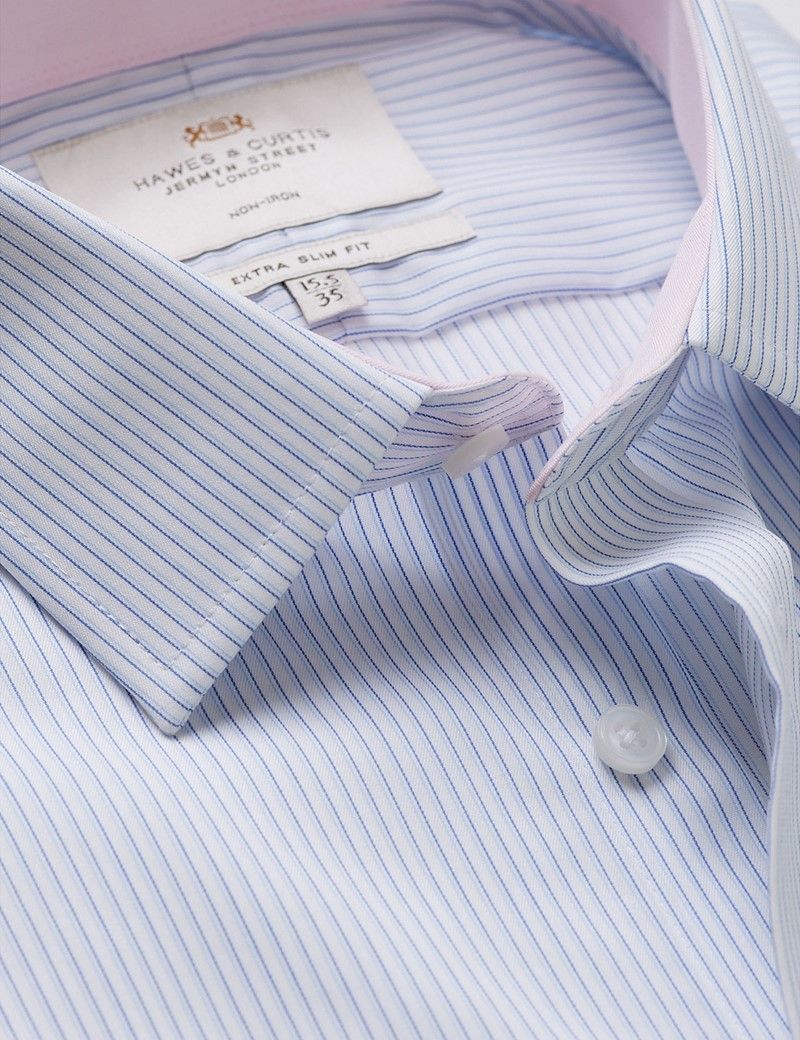 Extra Slim Fit Blue & Navy Stripe Non-Iron Shirt - Contrast Detail