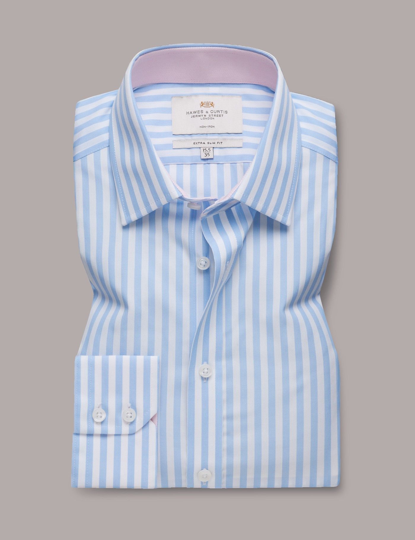 Extra Slim Fit Blue & White Bold Stripe Non-Iron Shirt - Contrast Detail-preview