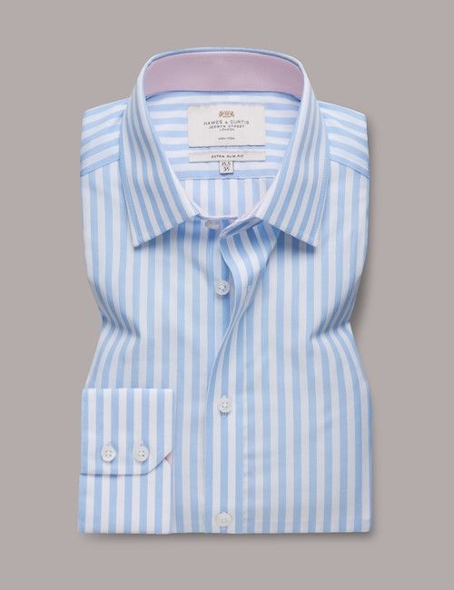 Non-Iron Blue & White Bold Stripe Extra Slim Fit Shirt - Contrast Detail-preview