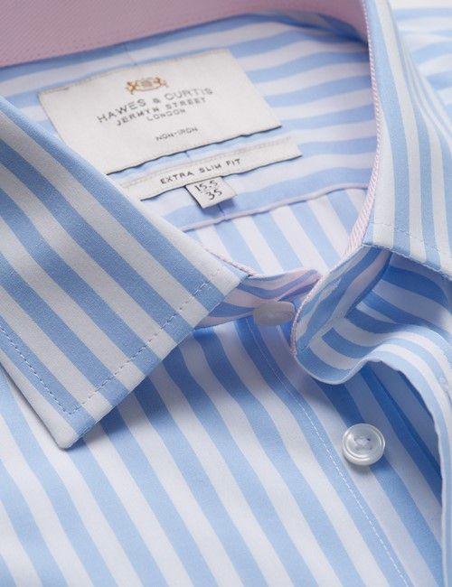 Non-Iron Blue & White Bold Stripe Extra Slim Fit Shirt - Contrast Detail