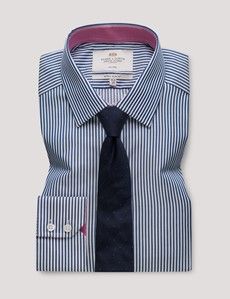 Extra Slim Fit Navy & White Bengal Stripe Twill Non-Iron Shirt - Contrast Detail