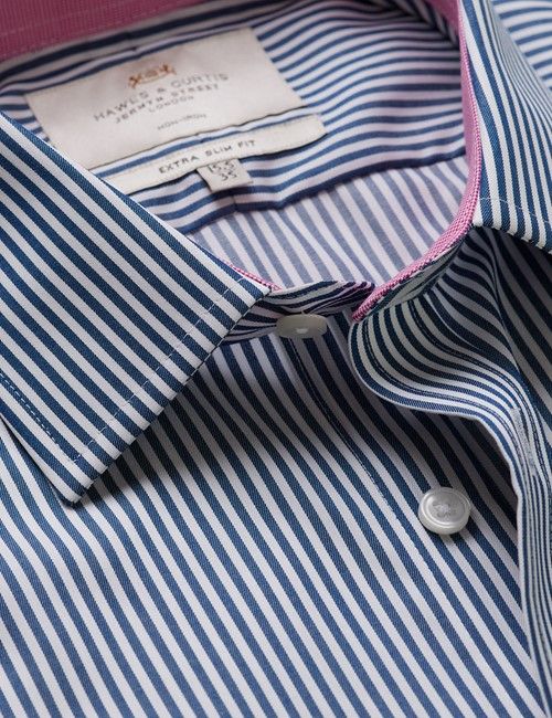 Non-Iron Navy & White Bengal Stripe Extra Slim Fit Shirt - Contrast Detail