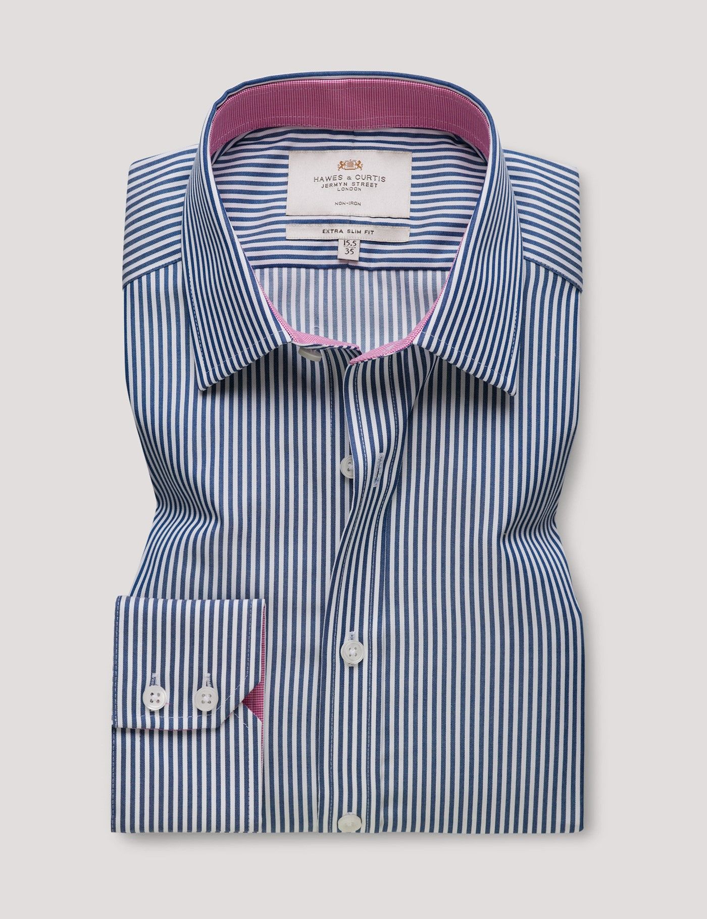 Extra Slim Fit Navy & White Bengal Stripe Non-Iron Shirt - Contrast Detail-preview