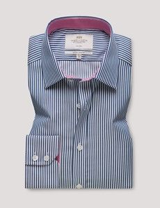 Extra Slim Fit Navy & White Bengal Stripe Twill Non-Iron Shirt - Contrast Detail