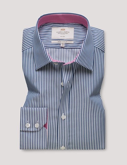 Non-Iron Navy & White Bengal Stripe Extra Slim Fit Shirt - Contrast Detail-preview