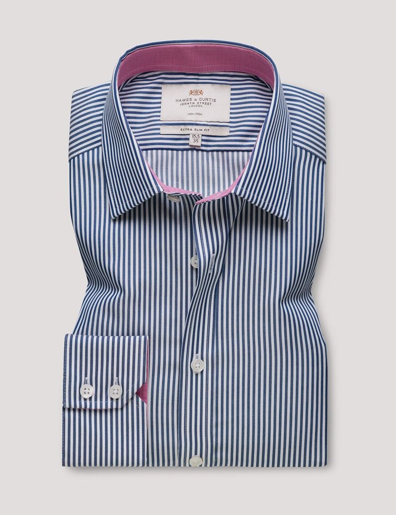 Extra Slim Fit Navy & White Bengal Stripe Non-Iron Shirt - Contrast Detail-preview