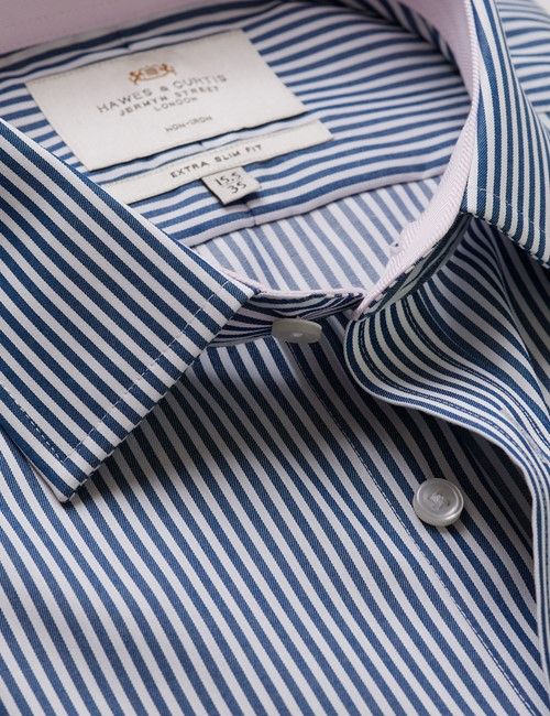 Non-Iron Navy & White Bengal Stripe Extra Slim Fit Shirt - Contrast Detail