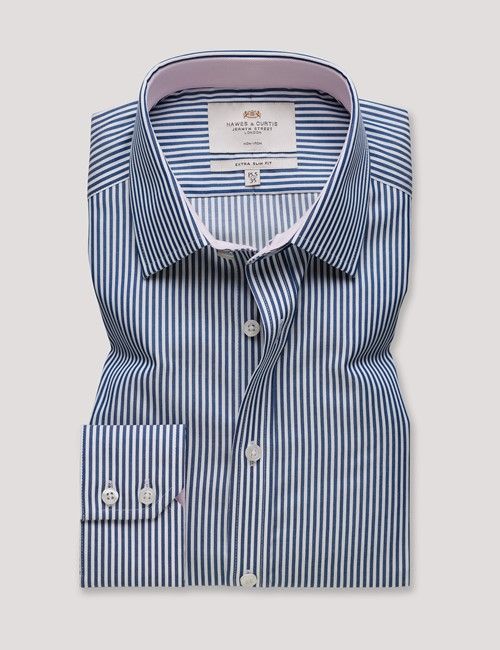 Non-Iron Navy & White Bengal Stripe Extra Slim Fit Shirt - Contrast Detail-preview