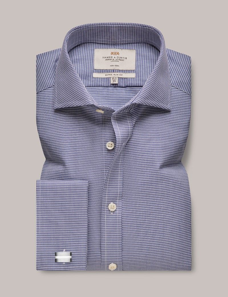 Men's Non-Iron Navy & White Dogtooth Extra Slim Shirt - Windsor Collar ...