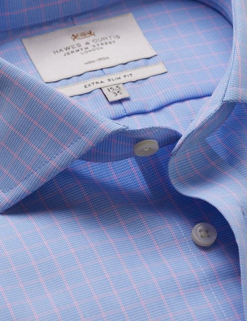 Non-Iron Blue & Pink Grid Check Extra Slim Fit Shirt - Windsor Collar - Double Cuff