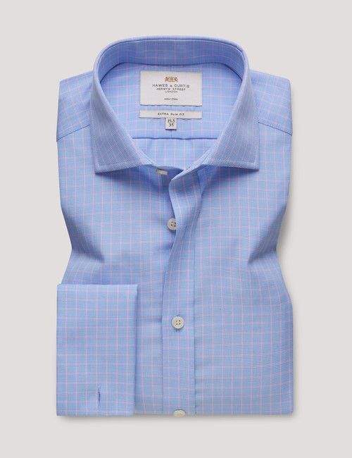 Non-Iron Blue & Pink Grid Check Extra Slim Fit Shirt - Windsor Collar - Double Cuff-preview