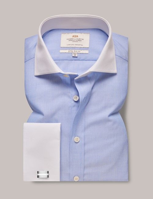 Blue End on End Extra Slim Fit Shirt With White Collar and Cuffs