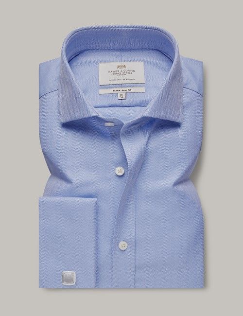 Blue Herringbone Extra Slim Fit Shirt - Double Cuff-preview