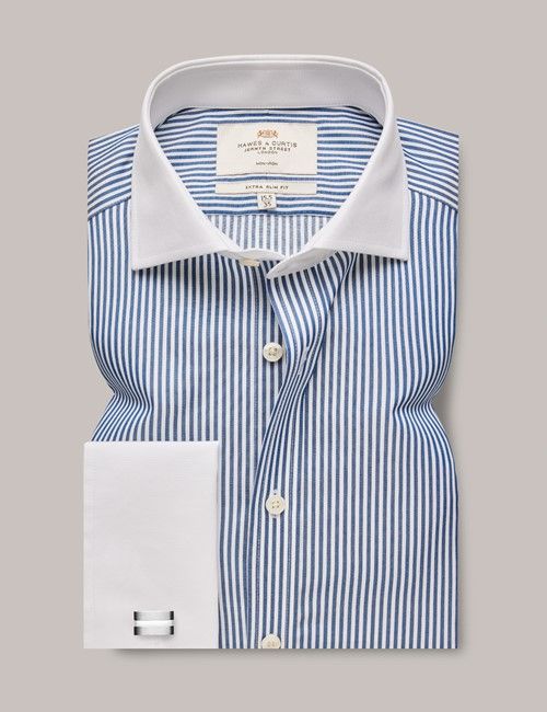 Non Iron Navy & White Bengal Stripe Extra Slim Fit Shirt with White Collar and Cuffs-preview