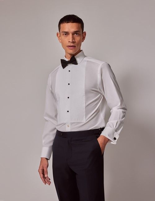 White Pleat Front Extra Slim Fit Evening Shirt - Double Cuff