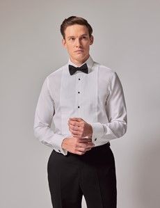 White Pleat Front Fitted Slim Fit Evening Shirt - Double Cuff
