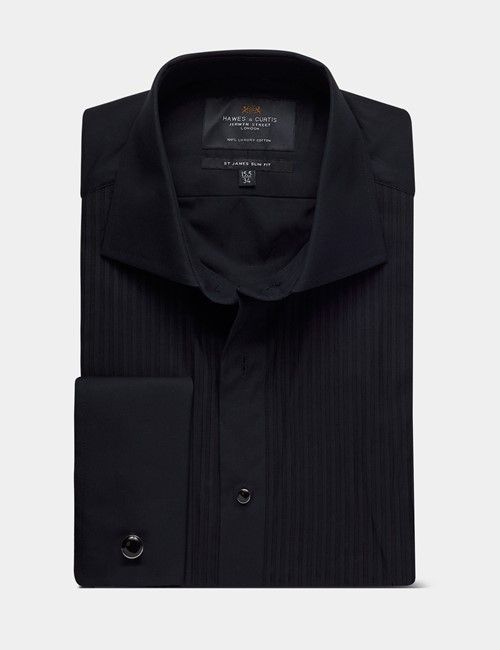 Black Pleat Front Slim Evening Shirt - Double Cuff